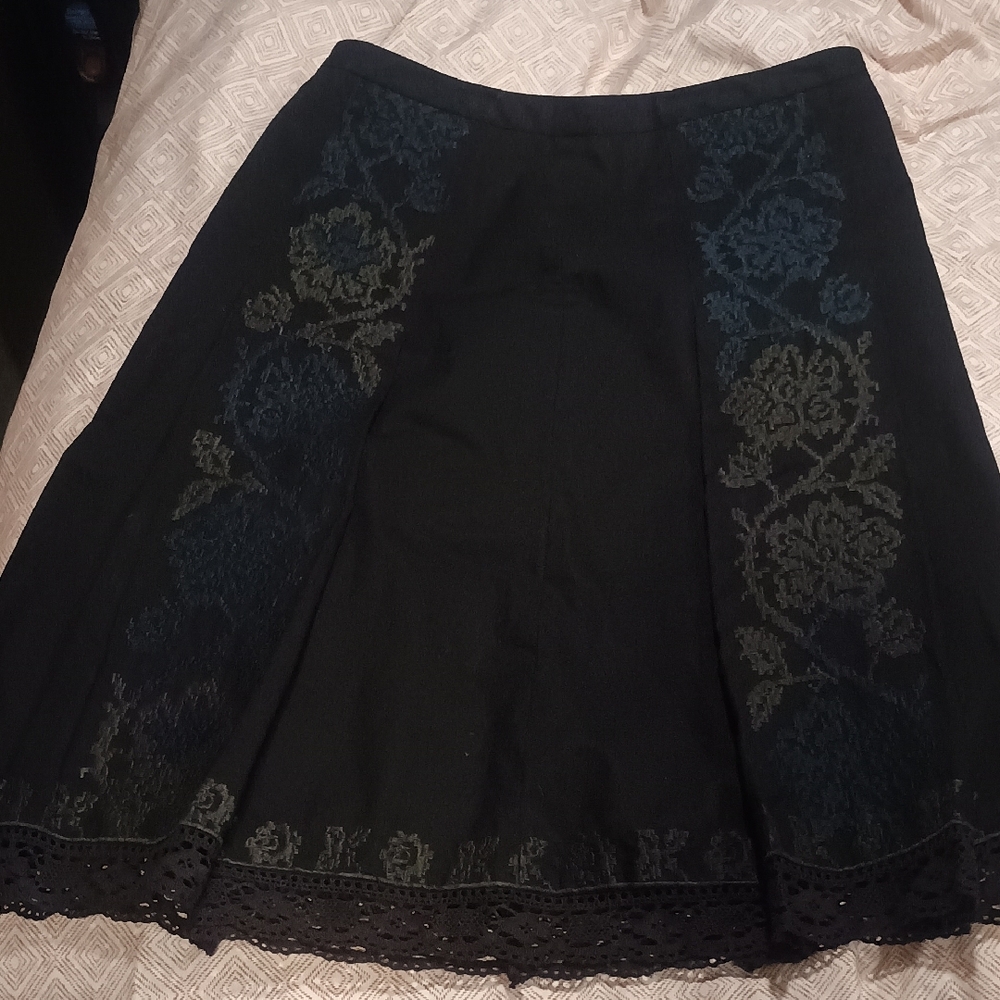 LOFT Black A-Line Skirt with Subtle Blue-Green Floral Panels